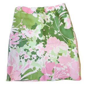 Talbots green pink white floral skirt - fully lined - size 4P - back zip